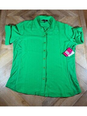 Ashley Blue Plus 3X Green Button Down Blouse Roll Tab Sleeve NWT (211)